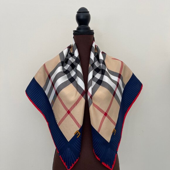 Burberry Silk Scarf conic Beige House Check Blue Border Classic Wrap